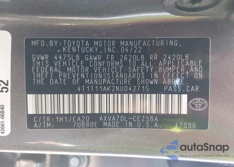 2022 Toyota Camry Se z USA, uszkodzony, nr VIN 4T1T11AK2NU042715